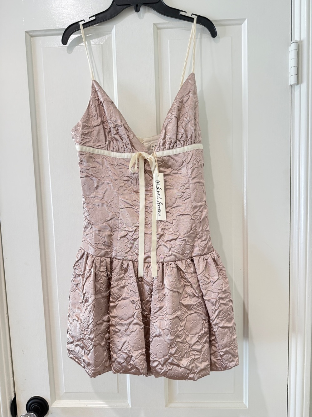 For Love & Lemons flower satin mini dress bubble bow tie bubble hem drop waist - Picture 6 of 14